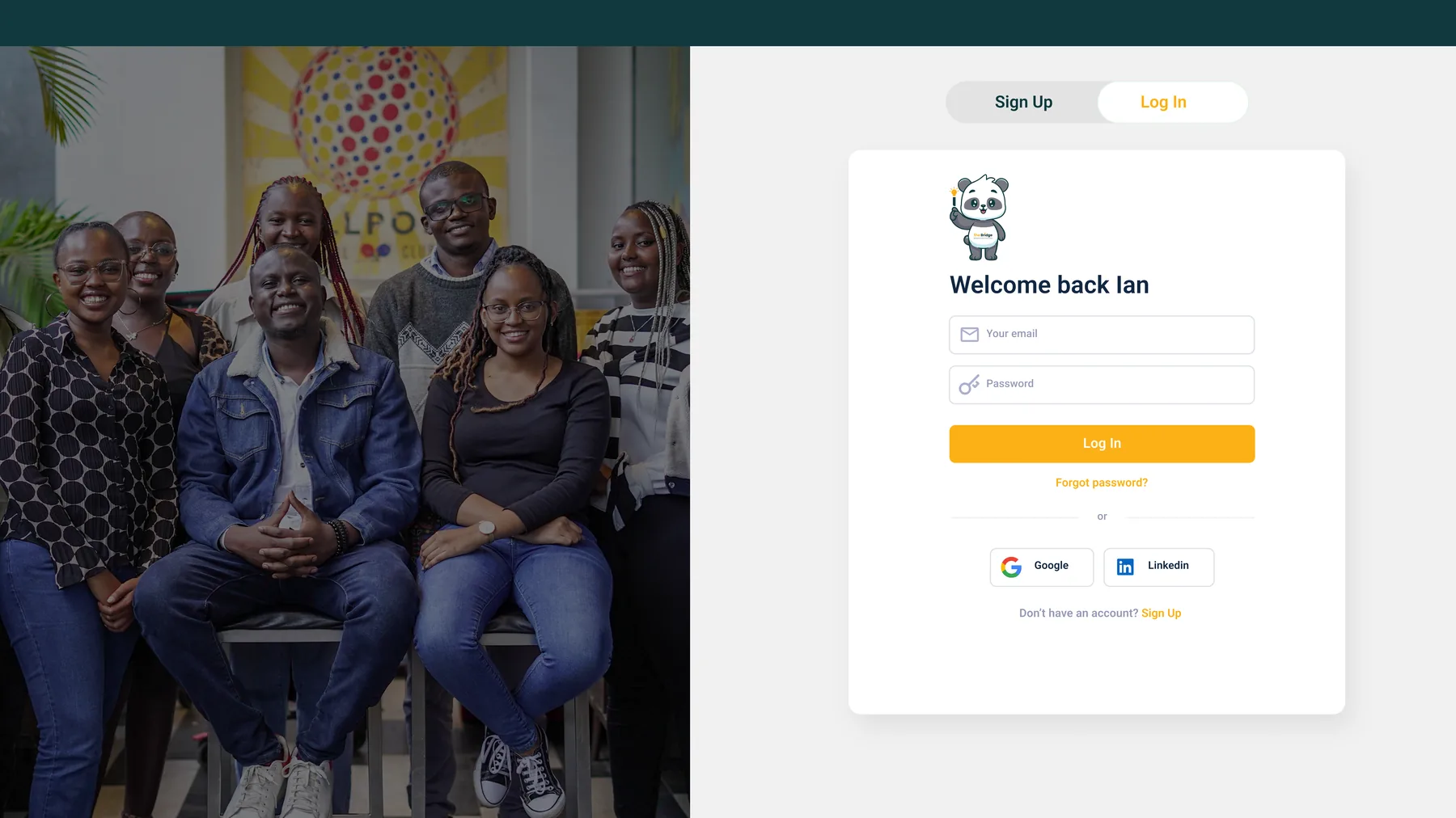 Log in screen