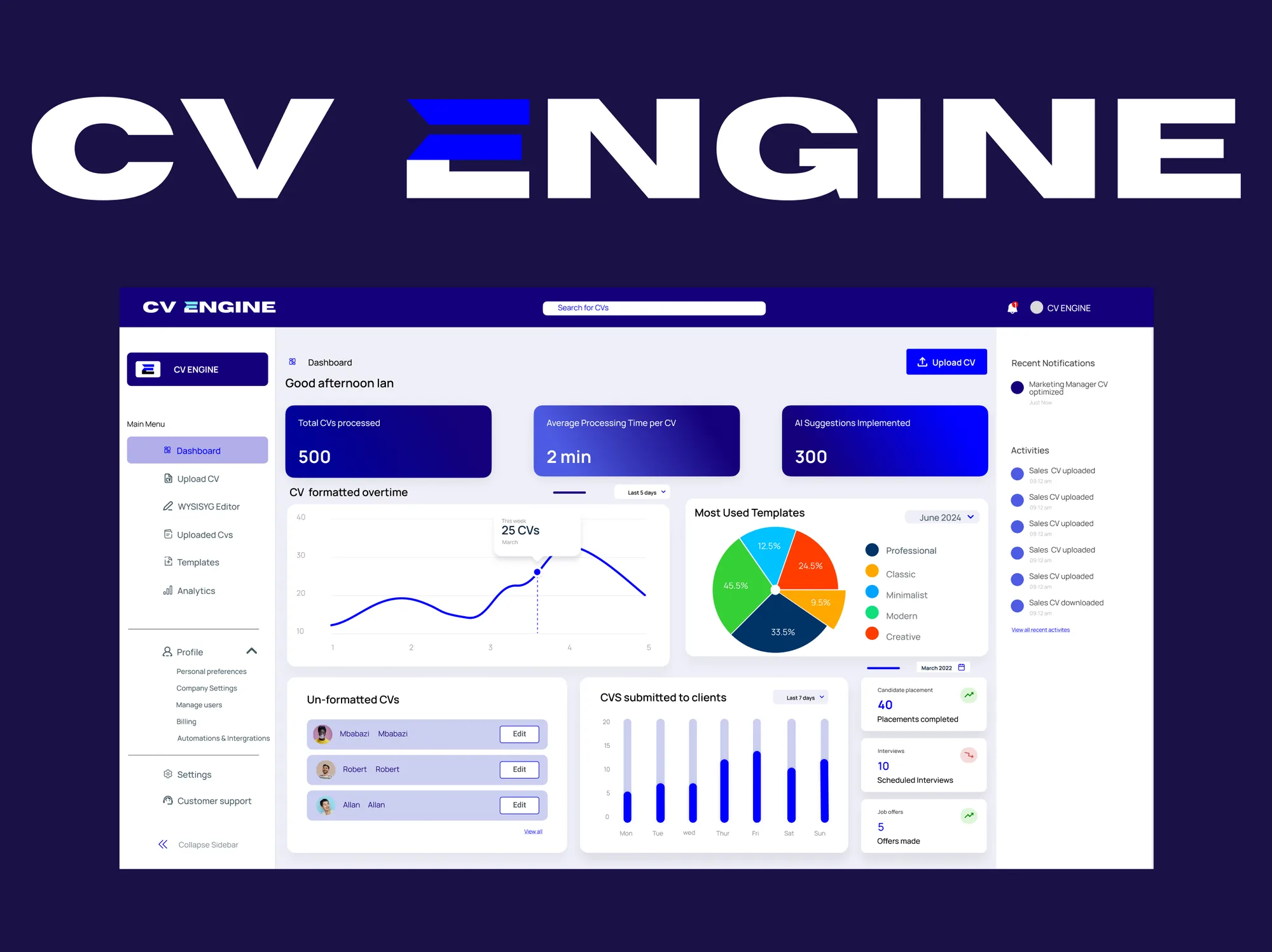 CV Engine recruiter platform screens