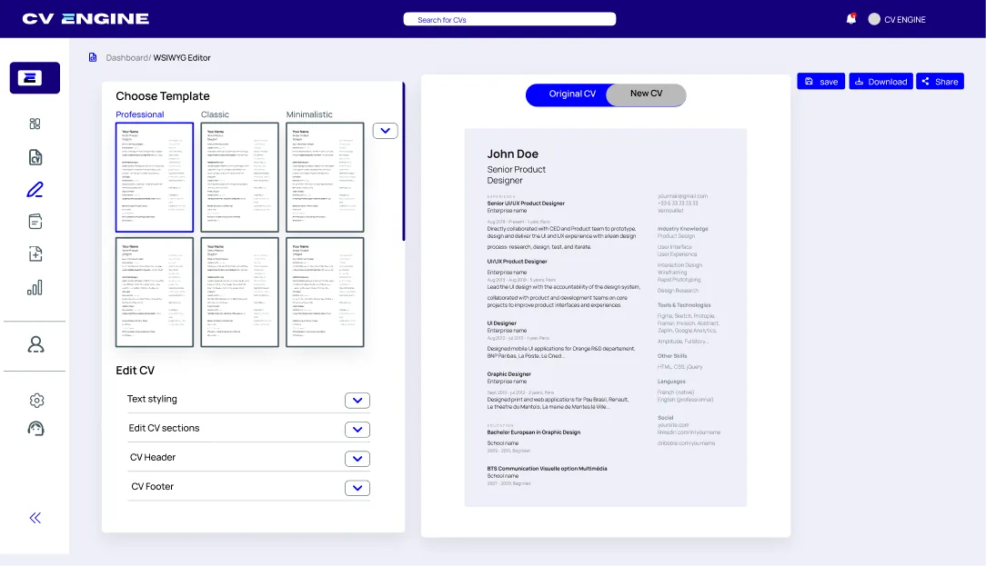 WYSIWYG CV editor