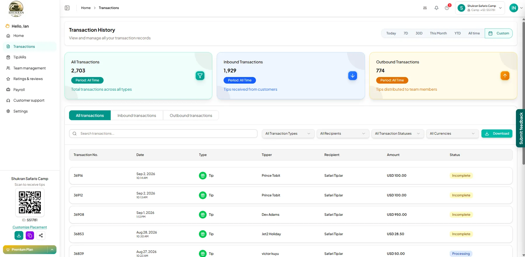Transaction history