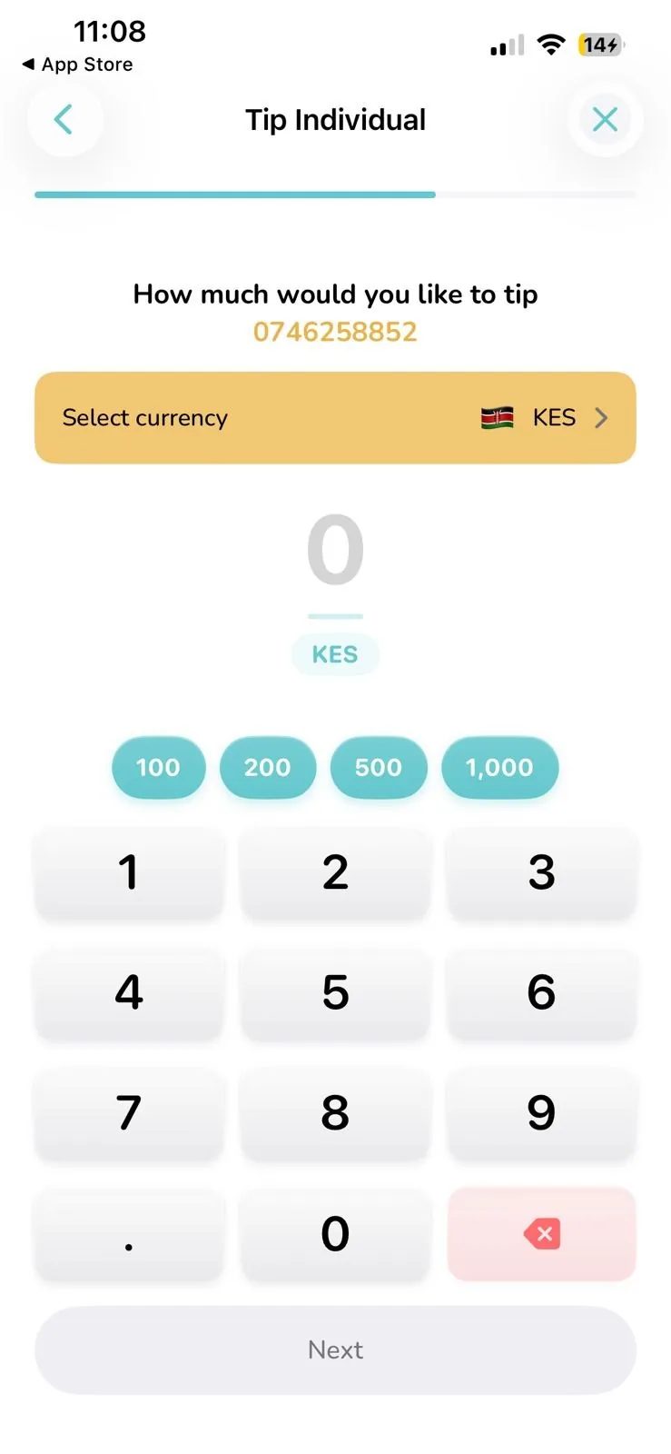 Tip an individual, amount entry