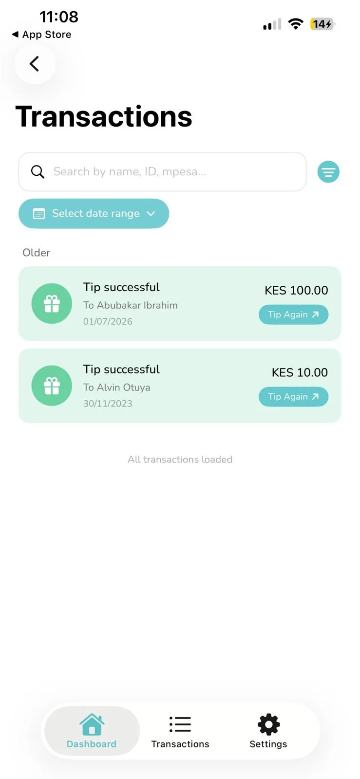 Transaction history
